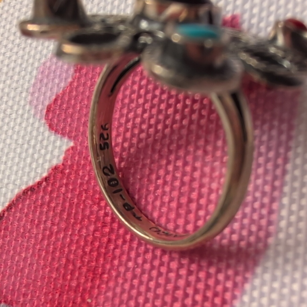 Mexico 925 Sterling Silver and Multicolor Stone Women's Ring - Picture 4 of 5